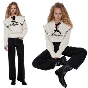 ZARA Soft Chunky Knit Ruffled Bow Tie Sweater